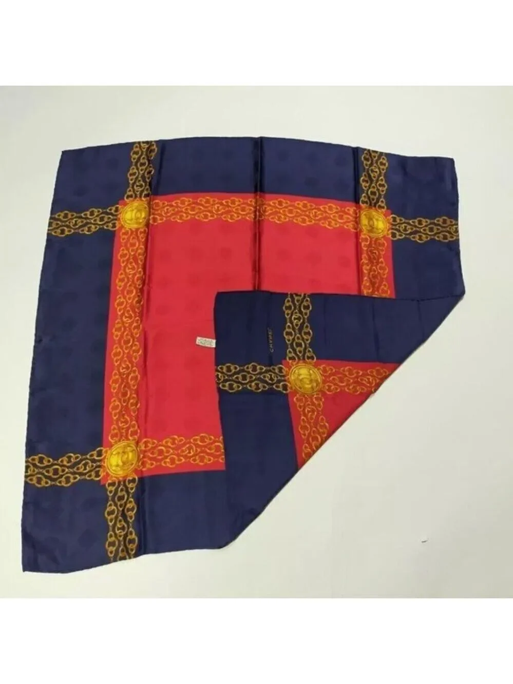 Chanel Vintage Silk Scarf Navy Red Gold Chain Medallion Square Designer Wrap